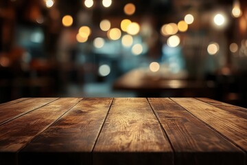 Rustic wooden table surface against a blurred restaurant backdrop with warm lighting for product display and food photography creating a cozy inviting atmosphere