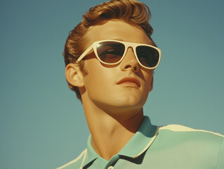 young man with styled hair wearing white sunglasses and mint polo shirt against blue sky in retro style portrait