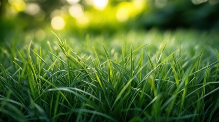 Lush Green Grass Blades Gleaming in Soft Sunlight A Serene Nature Scene with Shallow Depth of Field and a Peaceful Tranquil Mood