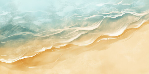 Aerial view of gentle turquoise waves meeting a sandy shore on a sunny day.