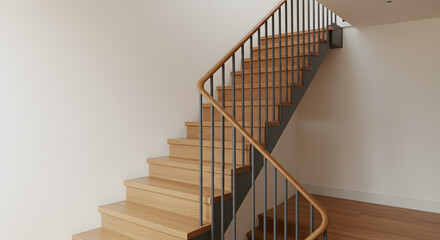 Minimalist Staircase with Wooden Steps and Metal Railings in Modern Interior