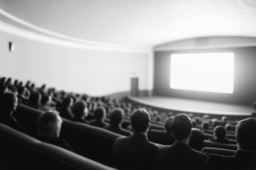 audience in theater watching bright screen with blurred figures in seats during presentation in monochrome