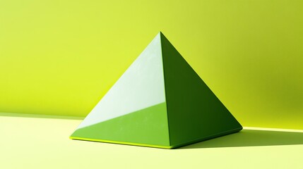 Fototapeta premium A vibrant green pyramid with a glossy finish and defined shadow on a pale yellow surface against a bright green backdrop. Bold and striking, evoking minimalist architecture.