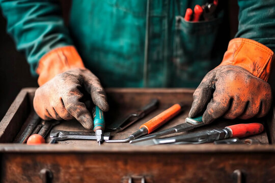 Organizing tools in a cluttered toolbox during a DIY project at home - Powered by Adobe