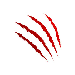 Red animal claw marks, scratches, talons cuts cat, tiger, dog, lion, monster isolated on white background.