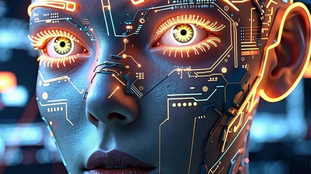 Futuristic Face with Glowing Orange Eyes and Circuit Patterns in High Tech Environment