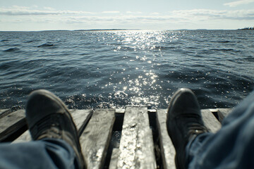 Person enjoys a peaceful moment with feet in the sparkling water while sitting on a wooden dock