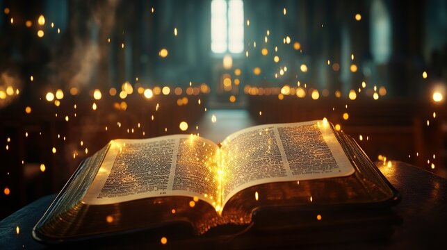 An open holy bible book with glowing lights in a church, depicting a sacred and peaceful atmosphere. Suitable for religious events and services.
