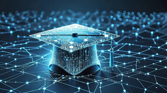 Graduation Cap with Digital Network Lights on Futuristic Blue Background