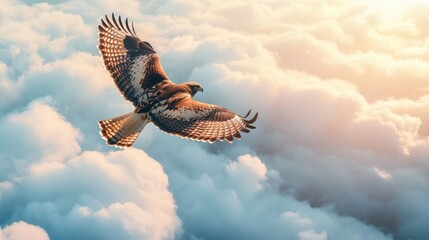 Hawk soars above fluffy clouds at sunrise for nature, freedom or wildlife concepts