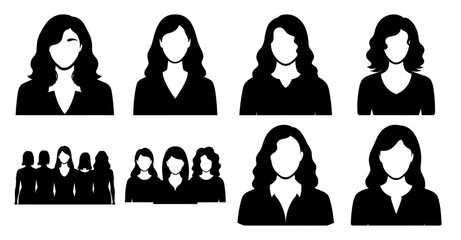 Collection of eight diverse female avatars and a group of five women representing various hairstyles and appearances suitable for profile pictures or website user interfaces
