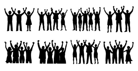 Silhouette Collection of Diverse Groups of People with Raised Arms Celebrating Success and Teamwork