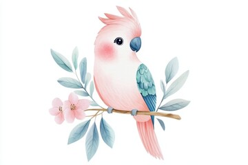 Obraz premium Watercolor illustration of a parrot perched on a flowering branch