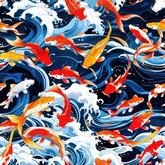 Obraz premium Many Red Gold Koi Fish Swimming in Blue Water Waves Pattern. Illustration of Swimming Fishes with Tails Moving Up and Down