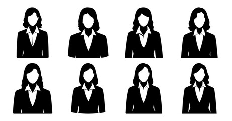 Collection of eight diverse female business professional avatars in black and white silhouette style suitable for profile pictures or website user interface design