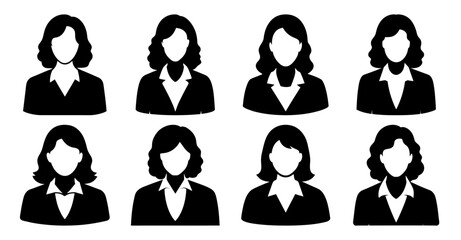 Collection of eight diverse female business professional avatar icons in black and white