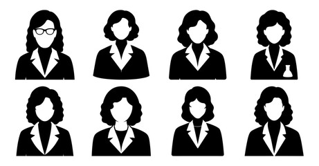 Eight Black and White Female Avatar Icons in Lab Coats and Different Hairstyles