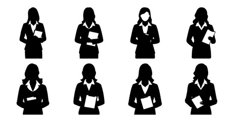 Eight Silhouettes of Businesswomen Holding Documents or in Thoughtful Poses