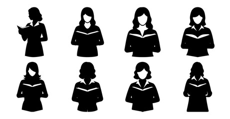 Eight Silhouettes of Women Reading Books  Different Hairstyles and Poses