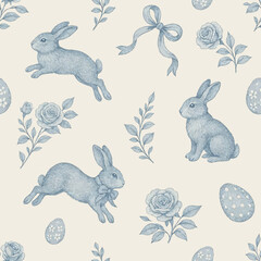 Vintage French style Easter pattern with blue and white Easter bunnies, eggs and floral elements.