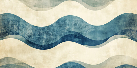 Abstract wave pattern in blue and beige with distressed texture, minimalist design.