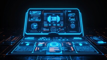 Futuristic technology interface with glowing blue HUD elements and displays