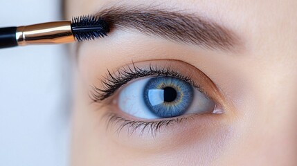 Naklejka premium Extreme close-up of blue eye with eyebrow brush, emphasizing detailed eyebrow grooming and wellness routine against white studio background. Concept of beauty, fashion, appearance, self care.
