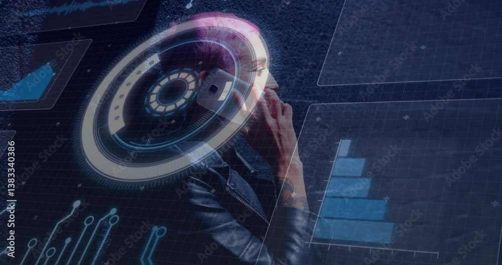 Poster animation of futuristic data graphics overlay while person using smartphone in school
