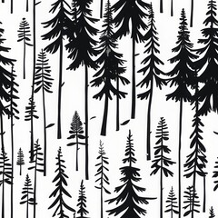 Fototapeta premium Black forest pattern. White background shows dark trees. Simple graphic style illustration with many firs.