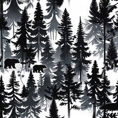 Obraz premium seamless pattern of dark green trees and animals. Forest with different sizes of pine trees and bears silhouettes on white background.