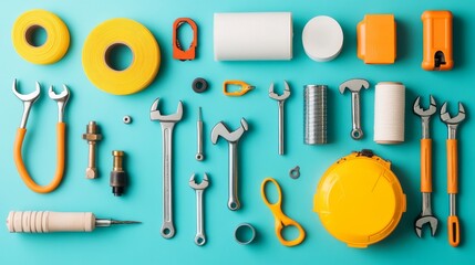 Fototapeta premium Various tools including wrenches, tape, and safety equipment are organized on a vibrant blue background, showcasing a range ideal for home improvement projects and repairs