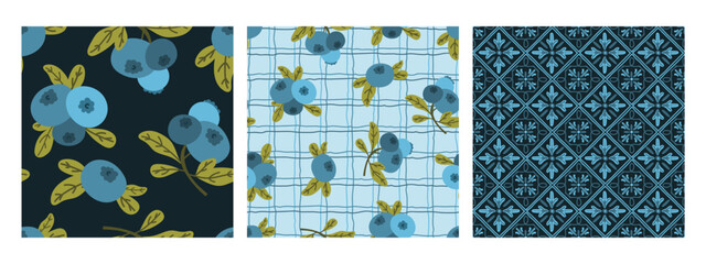 azulejos ceramic, blueberries, blueberries checkered seamless pattern collection, texture set