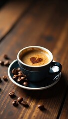 Espresso coffee cup on wooden table with scattered coffee beans , tableware, table, beans