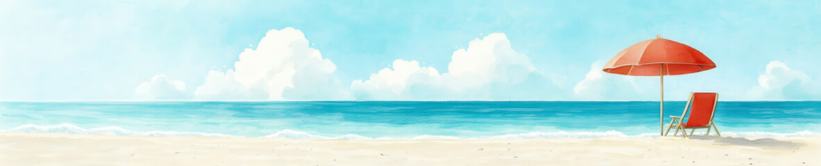 Obraz premium Serene beach scene with red umbrella against the blue sky and sandy shore