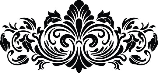 Ornate floral design| black and white| symmetrical pattern silhouette| baroque style vector art 