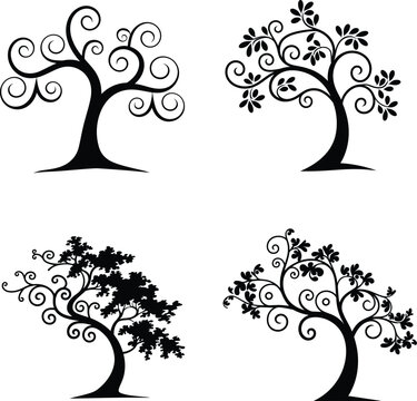 Stylized trees| Black and white illustration| swirling patterns| silhouette art| abstract tree designs