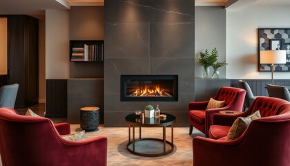 Luxurious Modern Living Room with Fireplace Red Velvet Armchairs and Stylish Coffee Table