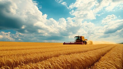 Fototapeta premium A large combine harvester works efficiently in a vast golden wheat field under a dramatic sky filled with clouds, illustrating the beauty and productivity of modern agriculture.