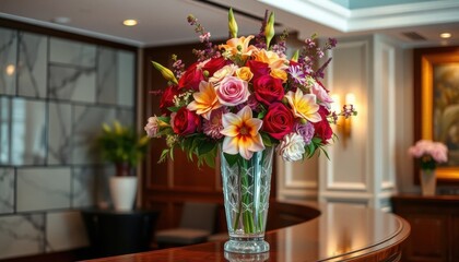 Vibrant Mixed Flower Bouquet in Crystal Vase Elegant Hotel Lobby Setting