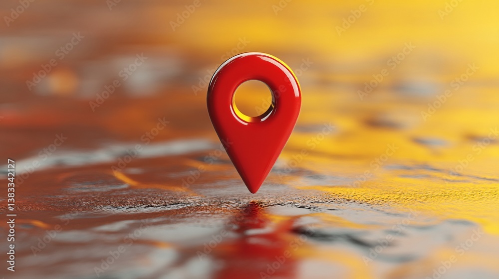 Poster Red location pin floating over abstract wavy surface