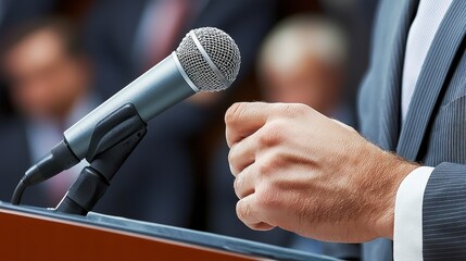 Close Up of a Speaker's Hand Gesturing at a Podium with a Microphone
