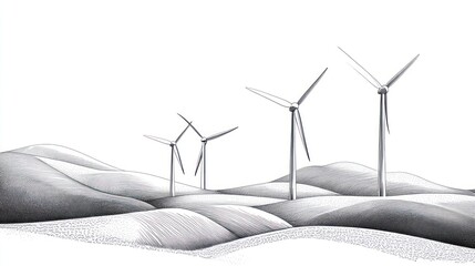 Wind turbines on rolling hills, illustration, graphic design, clean energy, nature scene, landscape art