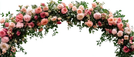 Fototapeta premium Elegant Floral Archway with Roses and Greenery for Wedding Decoration or Event Backdrop on White Background