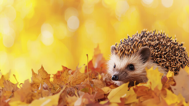 hedgehog resting among colorful autumn leaves, surrounded by warm golden background. scene captures essence of fall