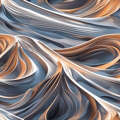 Swirling blue peach white shapes flow. Curving forms layer together. Abstract seamless pattern shows wavy lines and ridges in seamless design.