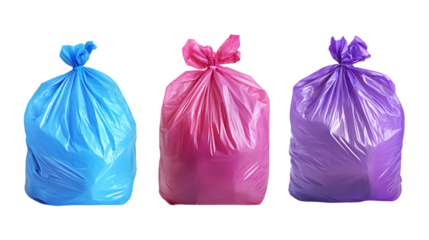 Colored plastic garbage bags in blue, pink, and purple are isolated on a transparent background for a retail catalog or marketing banner.
