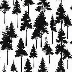 seamless pattern of trees. Black forest silhouettes scattered on white background. Repeating design of nature plants.