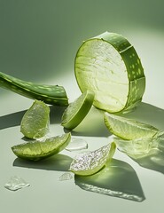 A creative and artistic stack of aloe vera slices, with vibrant green layers against a soft, minimalistic background, showcasing nature's beauty.
