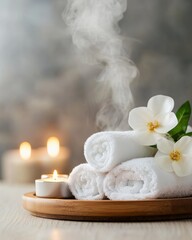 Spa setting with white towels, fragrant flowers, and lit candles creating a serene atmosphere. Soft lighting and steam add to the tranquil ambiance.