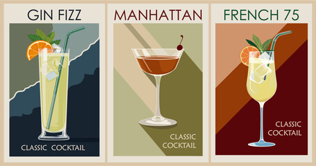 Cocktails retro poster set. Gin Fizz, Manhattan, French 75. Collection of popular alcohol drinks. Vintage style vector illustrations, bar, pub, restaurant, kitchen wall art print